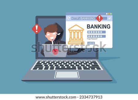 Operator thief calls the laptop to send fake link to user transaction banking app. Fraud scam and steal private data on devices. vector illustration flat design for cyber security awareness concept.