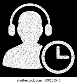 Operator Time grainy textured icon for overlay watermark stamps. Flat symbol with unclean texture. Dotted vector white ink rubber seal stamp with grunge design on a black background.