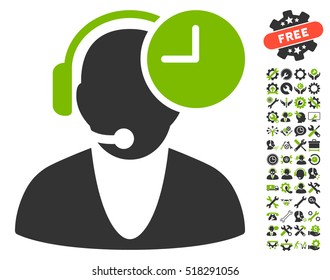 Operator Time icon with bonus configuration pictograms. Vector illustration style is flat iconic eco green and gray symbols on white background.