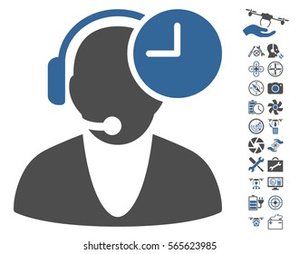 Operator Time icon with bonus copter tools clip art. Vector illustration style is flat iconic cobalt and gray symbols on white background.