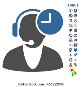 Operator Time icon with bonus pictograms. Vector style is bicolor flat iconic symbol with rounded angles, cobalt and gray colors, white background.