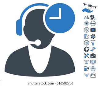 Operator Time icon with bonus quad copter service images. Vector illustration style is flat iconic symbols on white background.