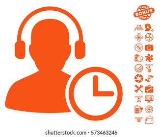 Operator Time icon with bonus quad copter tools pictures. Vector illustration style is flat iconic symbols on white background.