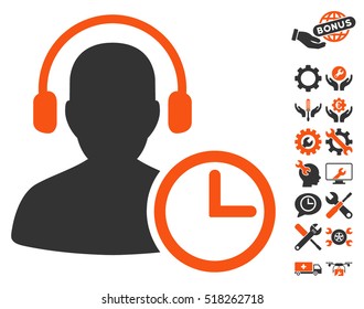 Operator Time icon with bonus tools graphic icons. Vector illustration style is flat iconic orange and gray symbols on white background.