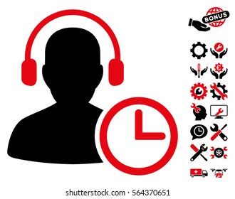 Operator Time icon with bonus tools design elements. Vector illustration style is flat iconic intensive red and black symbols on white background.