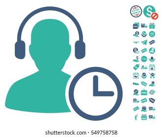 Operator Time icon with free bonus images. Vector illustration style is flat iconic symbols, cobalt and cyan colors, white background.