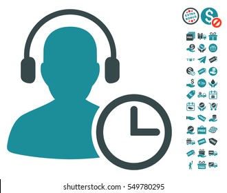 Operator Time icon with free bonus icon set. Vector illustration style is flat iconic symbols, soft blue colors, white background.