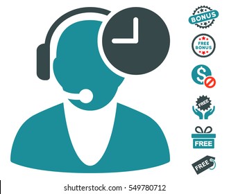 Operator Time icon with free bonus clip art. Vector illustration style is flat iconic symbols, soft blue colors, white background.