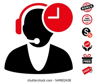 Operator Time icon with free bonus symbols. Vector illustration style is flat iconic symbols, intensive red and black colors, white background.