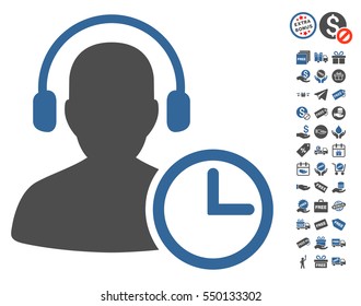 Operator Time icon with free bonus images. Vector illustration style is flat iconic symbols, cobalt and gray colors, white background.