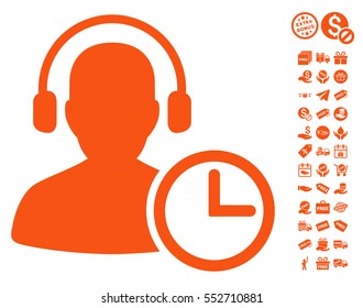 Operator Time icon with free bonus icon set. Vector illustration style is flat iconic symbols, orange color, white background.
