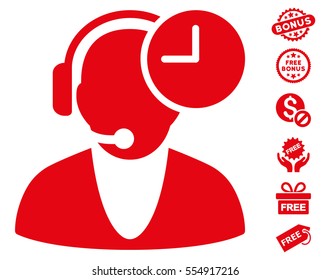 Operator Time icon with free bonus pictograms. Vector illustration style is flat iconic symbols, red color, white background.