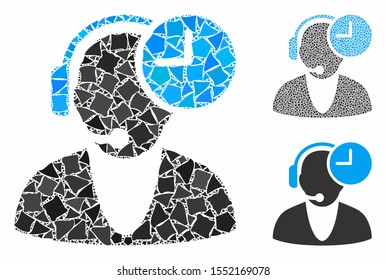 Operator time mosaic of uneven pieces in different sizes and color tints, based on operator time icon. Vector irregular pieces are united into collage. Operator time icons collage with dotted pattern.