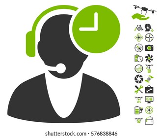 Operator Time pictograph with bonus airdrone service clip art. Vector illustration style is flat iconic eco green and gray symbols on white background.