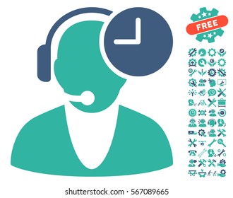 Operator Time pictograph with bonus options symbols. Vector illustration style is flat iconic cobalt and cyan symbols on white background.