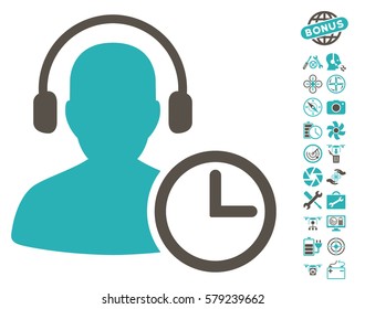 Operator Time pictograph with bonus quadrocopter service pictograms. Vector illustration style is flat iconic grey and cyan symbols on white background.