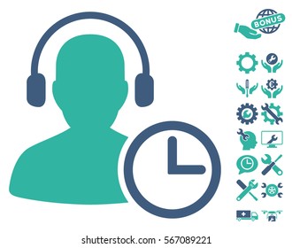 Operator Time pictograph with bonus tools graphic icons. Vector illustration style is flat iconic cobalt and cyan symbols on white background.