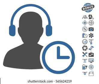 Operator Time pictograph with bonus uav service images. Vector illustration style is flat iconic cobalt and gray symbols on white background.