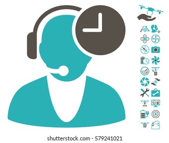 Operator Time pictograph with bonus uav service graphic icons. Vector illustration style is flat iconic grey and cyan symbols on white background.
