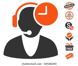 Operator Time pictograph with free bonus icon set. Vector illustration style is flat iconic symbols, orange and gray colors, white background.