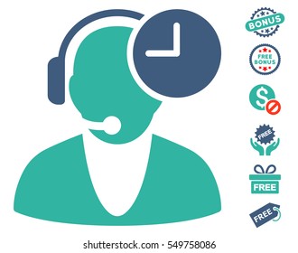 Operator Time pictograph with free bonus pictures. Vector illustration style is flat iconic symbols, cobalt and cyan colors, white background.