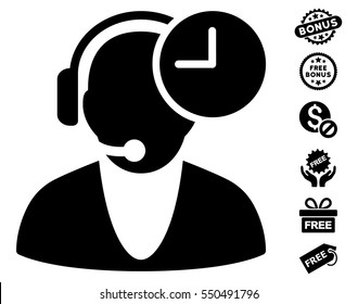 Operator Time pictograph with free bonus icon set. Vector illustration style is flat iconic symbols, black color, white background.