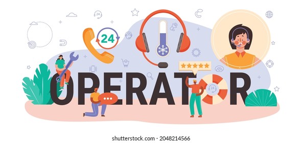 Operator typographic header. Idea of a customer service or technical support.Call center consultant helps a customer providing them with valuable information. Vector illustration in flat style