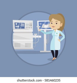 Operator of ultrasound scanning machine analyzing liver of a patient. Caucasian doctor working on modern ultrasound equipment. Vector flat design illustration in the circle isolated on background.