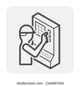 Operator Vector Icon. May Called Worker, Engineer, Technician Or People To Use Computer To Control Machine Of Factory Plant. Technology For Industrial Work I.e. Cnc Milling, Production, Manufacturing.