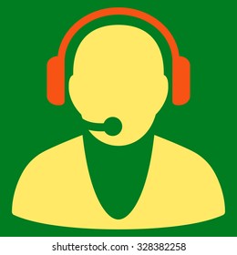 Operator vector icon. Style is bicolor flat symbol, orange and yellow colors, rounded angles, green background.