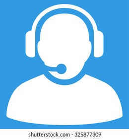Operator vector icon. Style is flat symbol, white color, rounded angles, blue background.