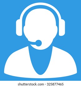 Operator vector icon. Style is flat symbol, white color, rounded angles, blue background.