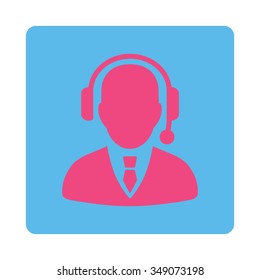 Operator vector icon. Style is flat rounded square button, pink and blue colors, white background.