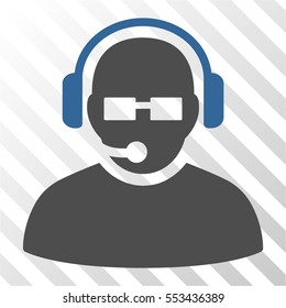 Operator vector pictograph. Illustration style is flat iconic bicolor cobalt and gray symbol on a hatched transparent background.