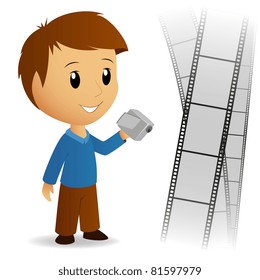 Operator video camera men with film background. Vector illustration.