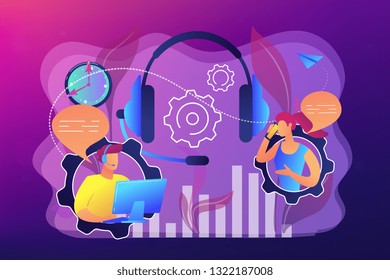 Operator wearing headset at computer cold calling to a potencial client. Cold calling, old school marketing, telemarketing sales concept. Bright vibrant violet vector isolated illustration