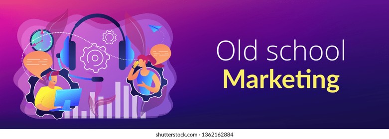 Operator wearing headset at computer cold calling to a potencial client. Cold calling, old school marketing, telemarketing sales concept. Header or footer banner template with copy space.