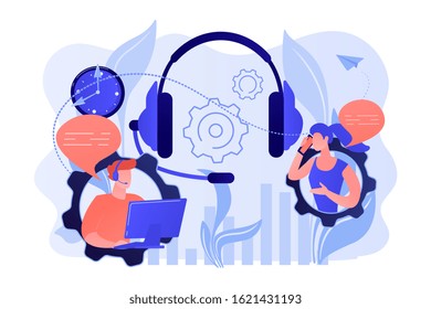 Operator wearing headset at computer cold calling to a potencial client. Cold calling, old school marketing, telemarketing sales concept. Pink coral blue vector isolated illustration