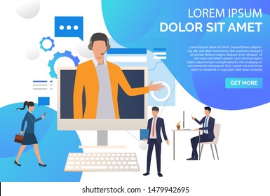 Operator wearing headset and consulting clients. Computer, assistance, telemarketing concept. Presentation slide template. Vector illustration for topics like customer support, call center