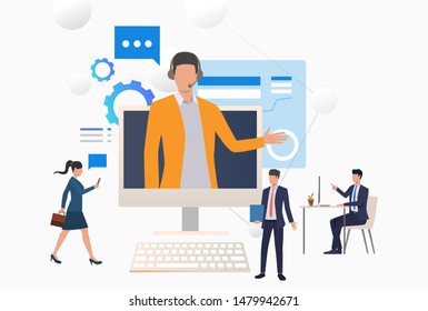 Operator wearing headset and consulting customers. Computer, assistance, telemarketing concept. Vector illustration can be used for topics like customer support, call center