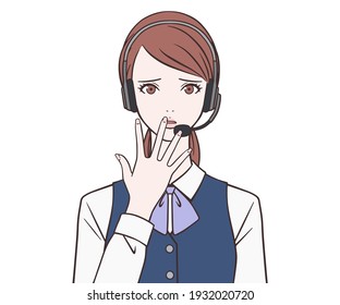 An operator woman who is in trouble with her hand on her mouth 