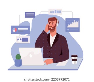 Operator at work. Man in headphones sits at laptop. Technical support, feedback. Consultant and assistant, hotline, call center. Information and answers to questions. Cartoon flat vector illustration