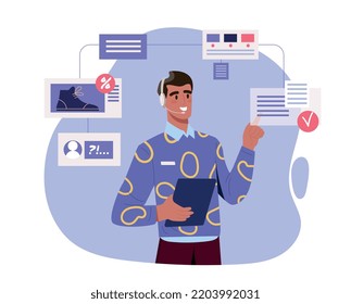 Operator At Work. Man In Headphones With Tablet Answers Questions From Customers On Internet. Feedback, Assistant For Online Store Website And Remote Employee. Cartoon Flat Vector Illustration