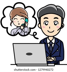 An operator work on laptop with smile and call with customer. This can use for presentation, website, book, business card.
