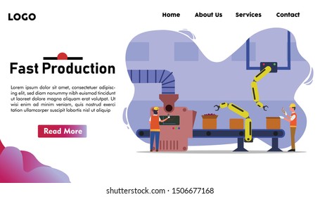 Operator work together with mechanical robot in manufacture. Manufacture and industrial Landing Page Concept. Suitable for landing page web template. Flat Cartoon Vector Illustration