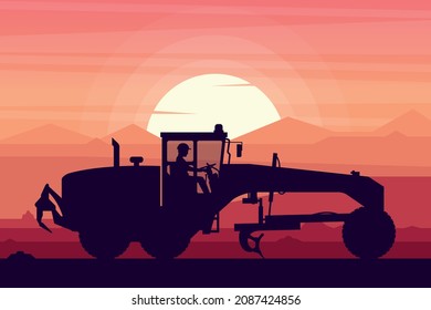 operator working with heavy motor grader machinery on sunset background