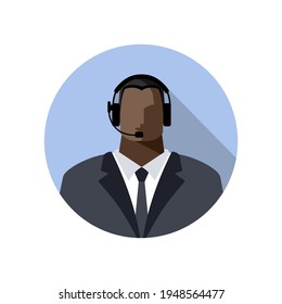 The operator is a young black man online, wearing headphones with a microphone, a headset. Call center employee or support service, blogger, streamer, or freelancer. Color avatar, vector