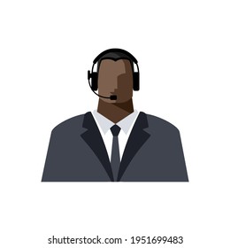 The operator is a young black man online, wearing headphones with a microphone, a headset. Call center employee or support service, blogger, streamer, or freelancer. Color avatar, vector