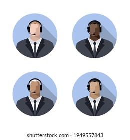 The operator is a young man online of different racial backgrounds, wearing headphones with a microphone, a headset. Call center concept or support service, blogger, streamer. Color avatars, vector