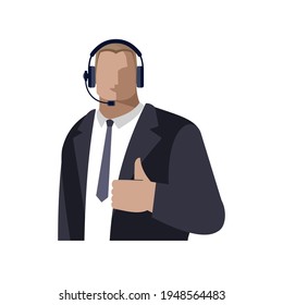 The operator is a young white male online, wearing headphones with a microphone, a headset. Call center employee or support service, blogger, streamer, or freelancer. Color avatar, vector